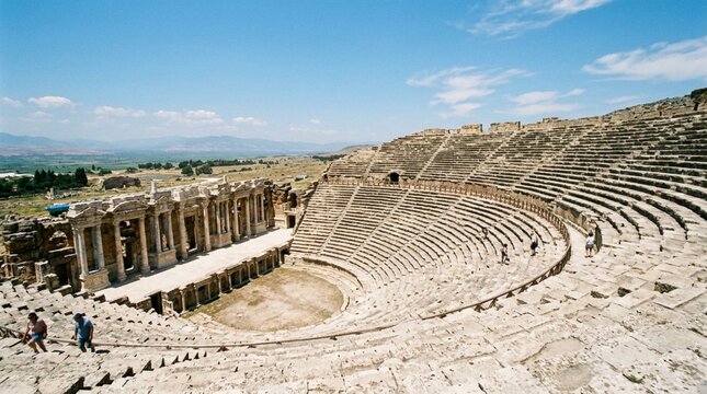 Sunlit ancient stone theater with tiered seating, columned stage ruins, and visitors under a blue sky, ideal for travel, history, and archaeology promotions.
