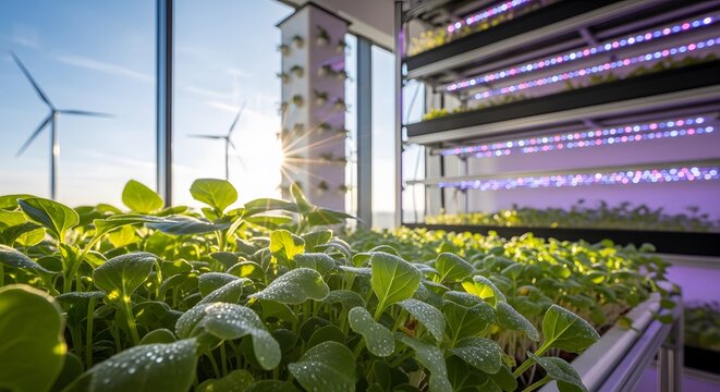 Vertical farm with wind turbines and artificial lighting.