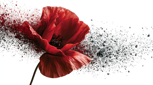 Red poppy flower exploding into particles and dust isolated on white background