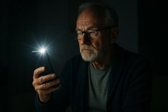 Senior man with glasses using smartphone flashlight in dark room at night.