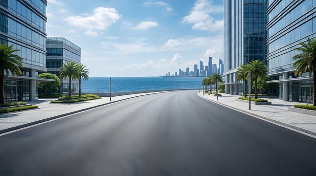 Wide asphalt boulevard with modern city skyscrapers and high-rise buildings along a scenic waterfront under a beautiful blue sky