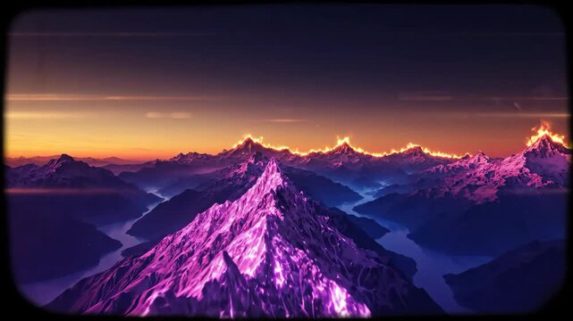 Glowing purple mountain peaks illuminated at sunset in cinematic CGI aerial view for nature and fantasy content