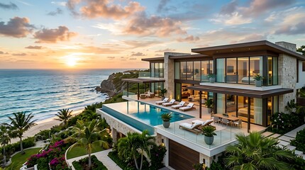 Fototapeta premium Tropical resort villa at golden hour over water.