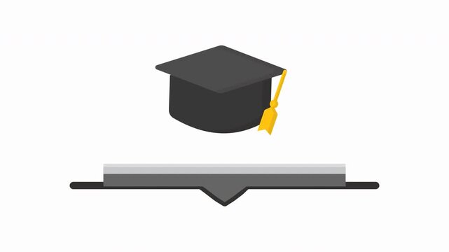 Animated flat vector icon of a black graduation cap floating above an open book with a moving tassel, on a transparent 4k background. Perfect for education, e-learning, and graduation concepts.