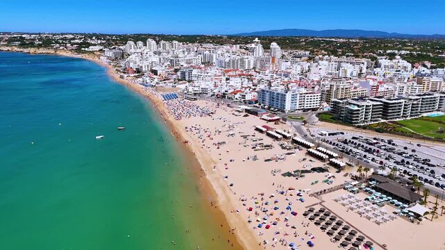 Aerial view of the beach in Armacao de Pera,  in the municipality of Silves, Algarve, Portugal