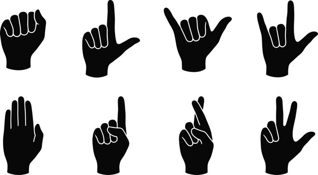 Collection of hand gesture silhouettes isolated on white background featuring finger signs and communication symbols for vector design