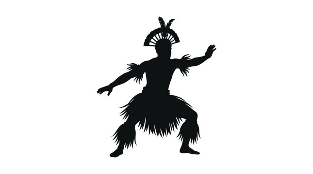 Black vector illustration silhouette of a traditional polynesian dancer wearing an ornate feathered headdress while performing a rhythmic cultural dance