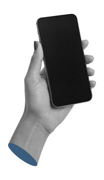 Hand holding smartphone mockup. Blank screen device. Surreal art collage element.