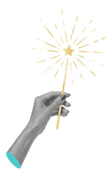 Surreal scrapbook art collage with human hand holding a golden magic wand on transparent background - magic, celebration, wishes and creative imagination