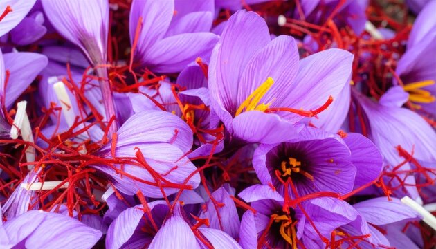 Intense close-up of blooming saffron crocus with red stigmas.