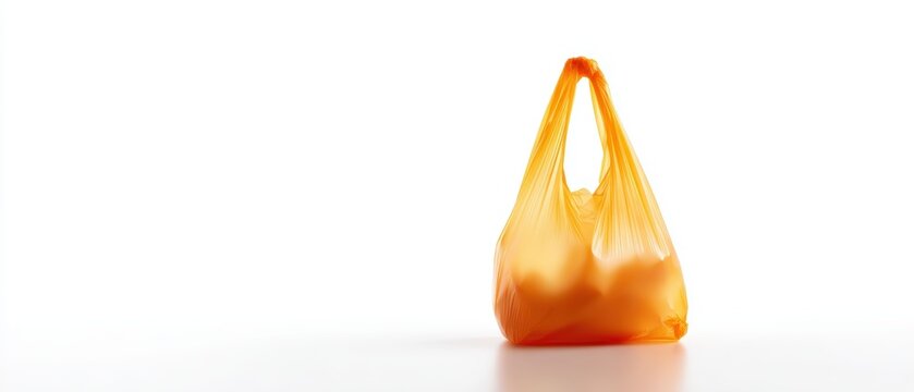 Orange plastic bag with groceries, positioned on a minimalist surface, illustrating modern shopping convenience and eco-friendly concerns