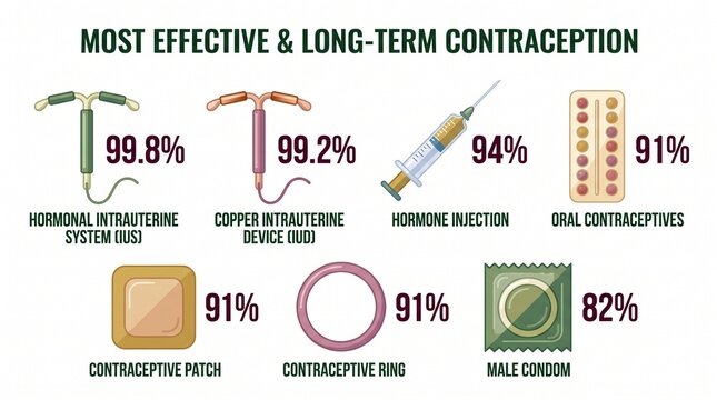 Gynecology. Contraceptive methods effectiveness comparison infographic showing different birth control options with percentage effectiveness rates including intrauterine devices, hormonal injection