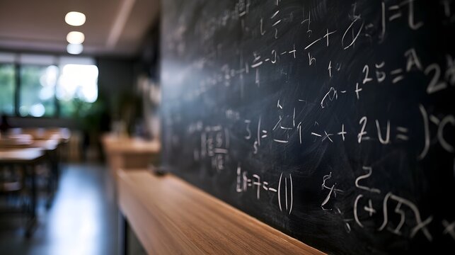 A close up of a chalkboard covered in mathematical equations and symbols in a modern classroom setting