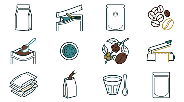 Coffee Packaging and Preparation Icons Set.