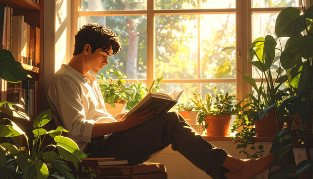 Man reading book sunlight window