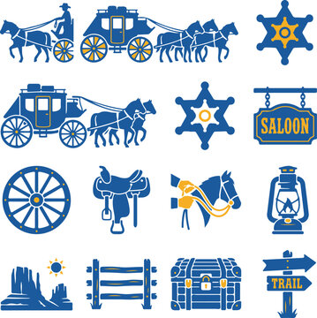 Wild West icons and symbols including stagecoach sheriff badge and saloon on a white background