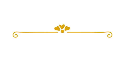 Golden decorative horizontal line divider with heart shaped flourish and swirls, isolated on transparent background © TawfikStock