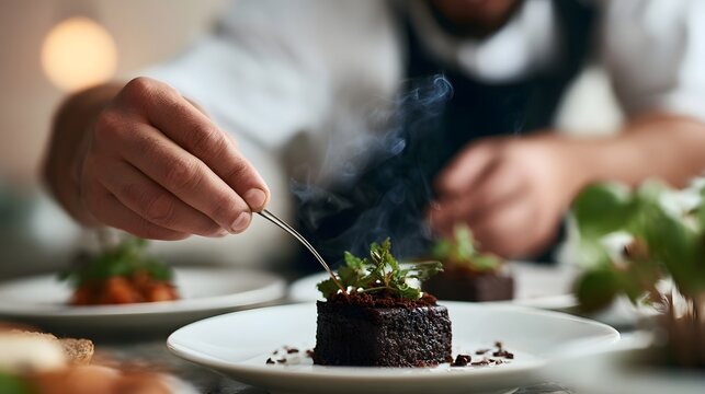 A chef carefully garnishes a dark chocolate dessert with fresh herbs while steam rises from the plated dish