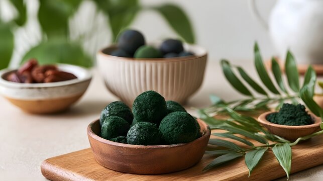 Vibrant green spirulina balls and powder displayed in wooden bowls on a cutting board beside fresh plant leaves