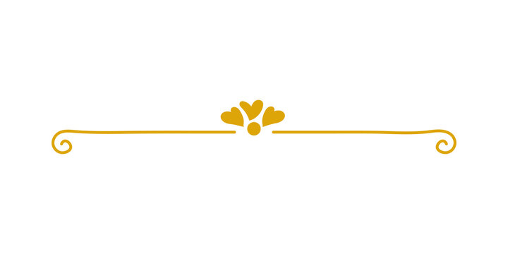 Golden decorative horizontal line divider with heart shaped flourish and swirls, isolated on transparent background
