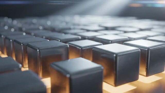 Metallic cubes array with glowing light moving in 3D render for technology and blockchain concept