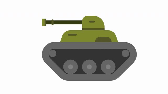Animated flat vector icon of a green military tank moving its tracks and bouncing slightly on a transparent 4k background. Perfect for military, warfare, defense, and gaming concepts.