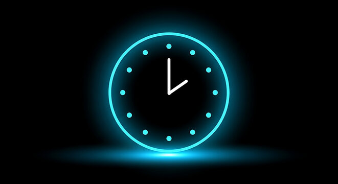Minimalist digital neon clock face with glowing blue light on a solid black background minimalist deadline