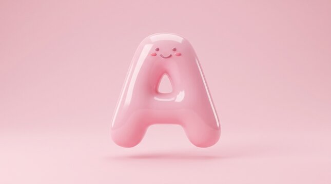 Cute pink letter A with a smiley face, 3D render