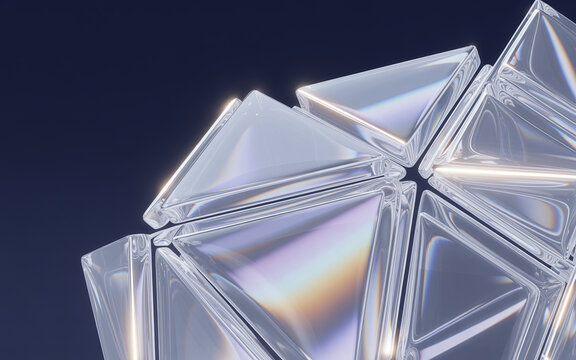 Faceted crystal prism with rainbow light abstract background
