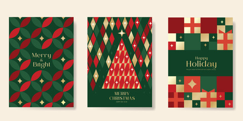 Naklejka premium Christmas and Happy holiday greeting card vector set. Elegant wallpaper with geometric Christmas elements and pattern . Holidays design illustration for cover, print, poster, Happy New Year, ads.