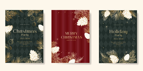 Naklejka premium Christmas and Happy holiday greeting card vector set. Elegant hand drawn wallpaper with pine leaves, pinecone, wreath. Holidays design illustration for cover, print, poster, Happy New Year, ads.