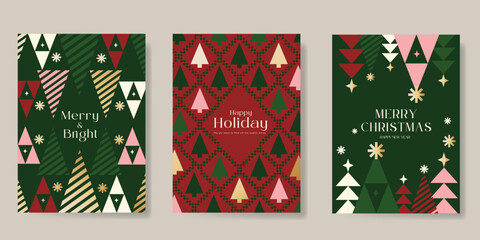 Naklejka premium Christmas and Happy holiday greeting card vector set. Elegant wallpaper with geometric Christmas elements and pattern . Holidays design illustration for cover, print, poster, Happy New Year, ads.