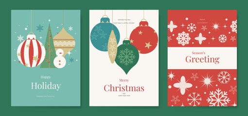 Fototapeta premium Christmas and Happy holiday greeting card vector set. Elegant wallpaper with geometric Christmas elements and pattern . Holidays design illustration for cover, print, poster, Happy New Year, ads.