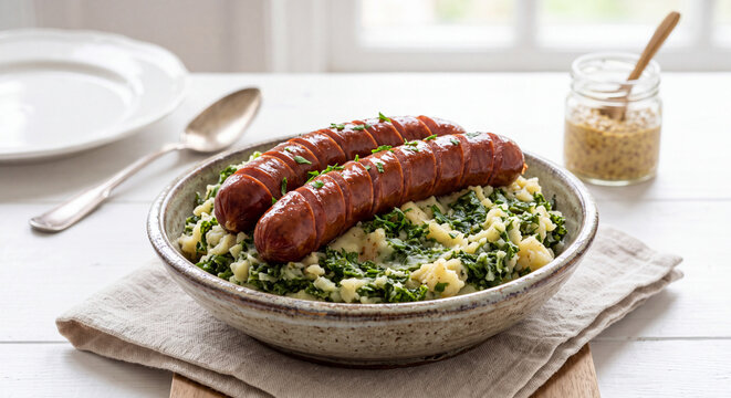 Traditional Dutch Stamppot Boerenkool Mashed Potatoes with Kale and Rookworst Smoked Sausage