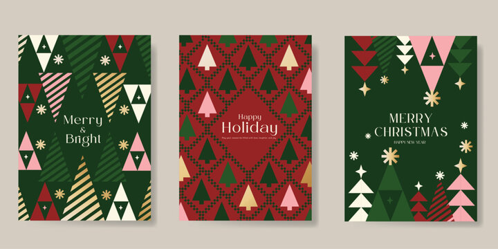 Christmas and Happy holiday greeting card vector set. Elegant wallpaper with geometric Christmas elements and pattern . Holidays design illustration for cover, print, poster, Happy New Year, ads.
