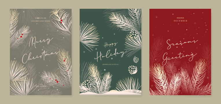 Christmas and Happy holiday greeting card vector set. Elegant hand drawn wallpaper with pine leaves, pinecone, wreath. Holidays design illustration for cover, print, poster, Happy New Year, ads.