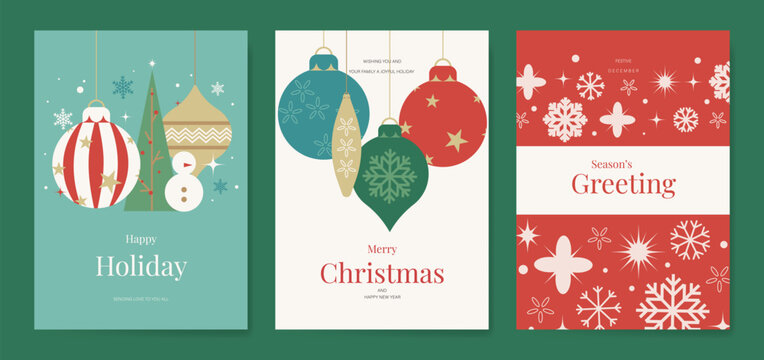 Christmas and Happy holiday greeting card vector set. Elegant wallpaper with geometric Christmas elements and pattern . Holidays design illustration for cover, print, poster, Happy New Year, ads.