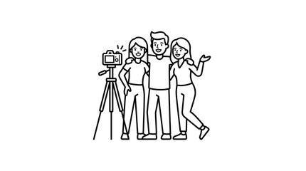 Obraz premium Three friends posing for a photo in front of a camera on a tripod.