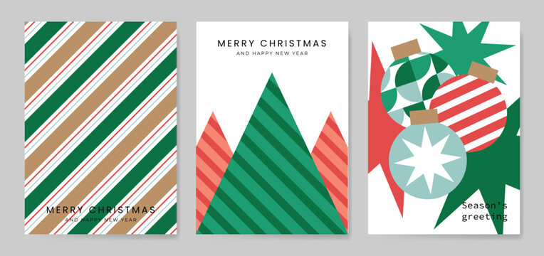 Christmas and Happy holiday greeting card vector set. Elegant wallpaper with geometric Christmas elements and pattern . Holidays design illustration for cover, print, poster, Happy New Year, ads.