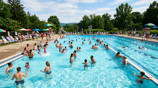 People enjoying summer vacation swimming in a large public outdoor community pool with lush green trees and deck chairs under clear blue sky