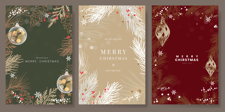 Christmas and Happy holiday greeting card vector set. Elegant hand drawn wallpaper with pine leaves, pinecone, wreath. Holidays design illustration for cover, print, poster, Happy New Year, ads.