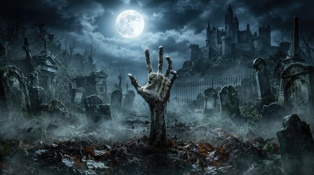 Haunted cemetery at night with rising zombie hand and castle silhouette
