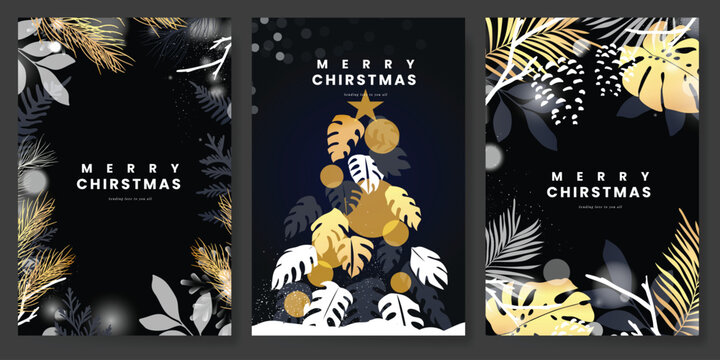 Christmas and Happy holiday greeting card vector set. Elegant hand drawn wallpaper with pine leaves, pinecone, wreath. Holidays design illustration for cover, print, poster, Happy New Year, ads.