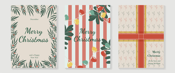 Fototapeta premium Christmas and Happy holiday greeting card vector set. Elegant hand drawn wallpaper with pine leaves, pinecone, wreath. Holidays design illustration for cover, print, poster, Happy New Year, ads.