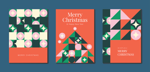 Fototapeta premium Christmas and Happy holiday greeting card vector set. Elegant wallpaper with geometric Christmas elements and pattern . Holidays design illustration for cover, print, poster, Happy New Year, ads.