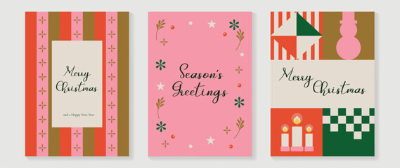 Fototapeta premium Christmas and Happy holiday greeting card vector set. Elegant hand drawn wallpaper with pine leaves, pinecone, wreath. Holidays design illustration for cover, print, poster, Happy New Year, ads.