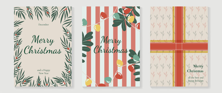 Christmas and Happy holiday greeting card vector set. Elegant hand drawn wallpaper with pine leaves, pinecone, wreath. Holidays design illustration for cover, print, poster, Happy New Year, ads.