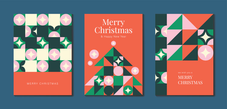 Christmas and Happy holiday greeting card vector set. Elegant wallpaper with geometric Christmas elements and pattern . Holidays design illustration for cover, print, poster, Happy New Year, ads.