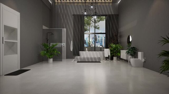 CGI of a modern luxury bathroom with freestanding bathtub, glass shower, tropical plants, and city view through large windows. Premium spa atmosphere. Rendered in Unreal Engine.
