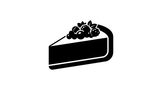 Monochrome vector silhouette of a cheesecake slice topped with fresh mixed berries and leaves. Ideal for pastry shop menus, dessert cafe branding, and sweet food graphics.
